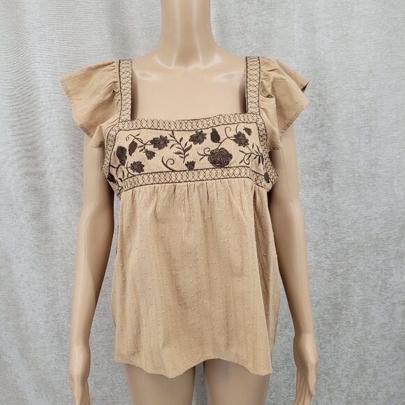 Mine Cotton Embroidered Tan Peasant Flutter Sleeve Boho Women's Top - Picture 2 of 10